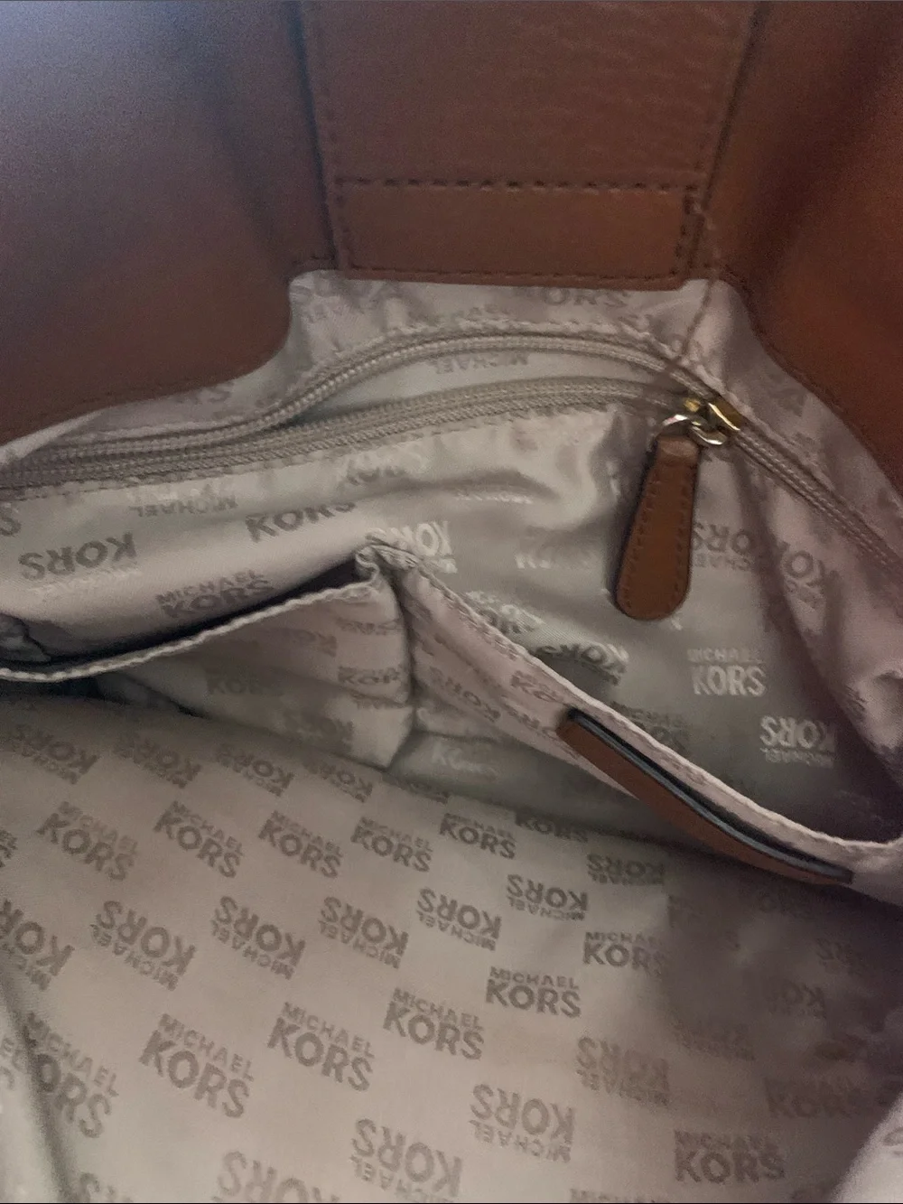 Michael Kors Brown Monogram Satchel with Tan Trim and Gold Hardware